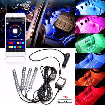 DC12V 5050 4IN1 36 LED Color Changing RGB Car Interior Decorative Floor A-Tmosphere Strip Lamp Light Car Charger APP Controlled Sound Control