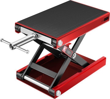 Motorcycle Lift Scissor Jack Steel Wide Deck Hoist Crank Center Stand 1100 LBS Capacity for Motorcycles, Atvs, Dirt Bikes Red